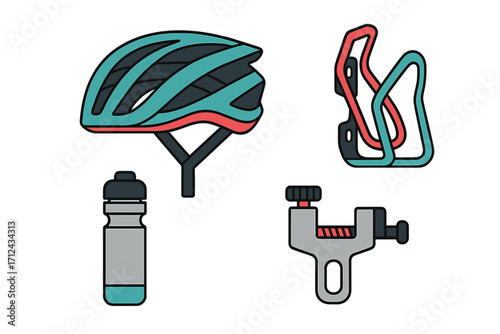 Essential cycling accessories set with protective helmet, hydration bottle, bottle cage, and bicycle chain tool