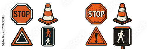 Set of essential road safety signs including stop sign, warning triangle, pedestrian crossing, and traffic cone with vintage texture