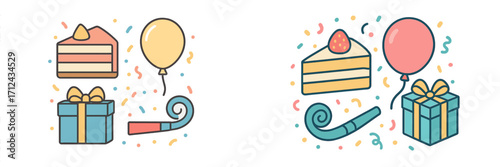 Festive birthday party items with cake slice, helium balloon, wrapped present, and party noisemaker