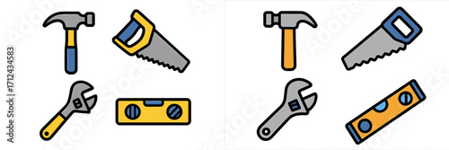 Essential hand tools for construction and home improvement including hammer saw wrench and spirit level