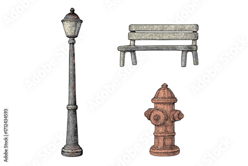Classic urban street furniture elements: a traditional lamppost, a public park bench, and a red fire hydrant