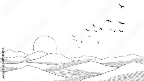 Spectacular Sunset Landscape with Hills and Birds Silhouette