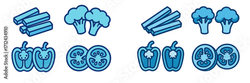 Colorful vegetable illustrations with blue tones featuring broccoli, peppers, and celery in a playful design