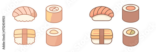 Sushi varieties displayed in simple illustrations showing different styles and types