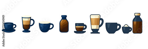 Assortment of coffee and tea drinks in diverse cups, mugs, and bottles with frothy milk and dark liquid on white background