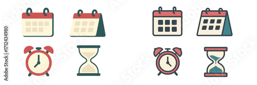 Calendars and clocks represent time management tools in a minimal design suitable for planners and organizers