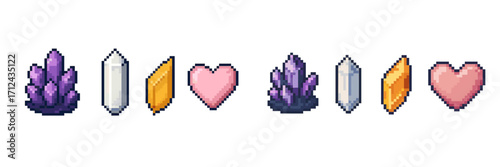 Various pixel art crystals and hearts displayed in a colorful arrangement for digital designs or games