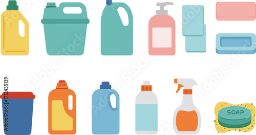 Colorful household cleaning and hygiene products collection including detergent bottles, soap, sponges, towels, and spray bottles in flat vector illustration design