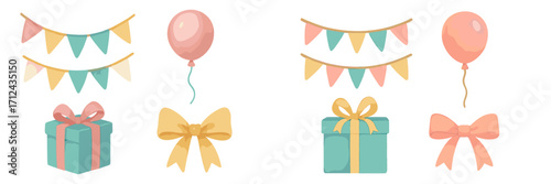 Festive celebration elements with balloons, gift boxes, bows, and decorative bunting flags for parties and events