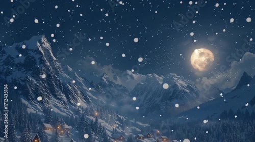 Magical winter village with glowing lights and snowfall, ideal for Christmas greetings, holiday marketing, festive designs and seasonal creative projects.