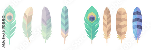 Assortment of elegant bird feathers in a range of soft pastel hues, showcasing a modern geometric low poly aesthetic, isolated against a pristine white backdrop