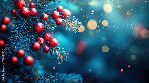 Close - up of Frosted Pine Needles with Red Berries and Bokeh Background for Christmas Decor
