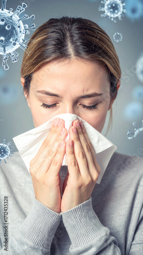 A young woman blows her nose with a tissue with a drawing of a virus superimposed on a dark background, representing concepts of illness, allergies, or viral infections.