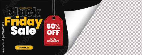 Black Friday Fashion Sale Social Media Cover Template for Product Sale Promotions, Retail Discounts, Exclusive Offers, Horizontal Web Banner Ads, and Modern Advertisements, Curled Paper Background 