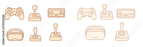 Different types of gaming controllers and devices organized in a simple layout displaying various styles for gaming