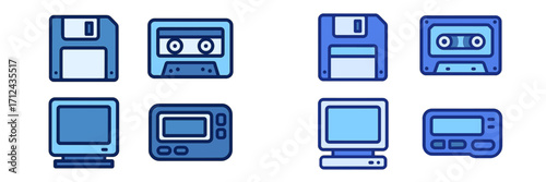Vintage technology design featuring floppy disks, cassette tapes, and retro computer equipment in blue tones