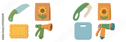 Assortment of colorful gardening tools, equipment, and seed packets for planting, cultivation, and outdoor garden work