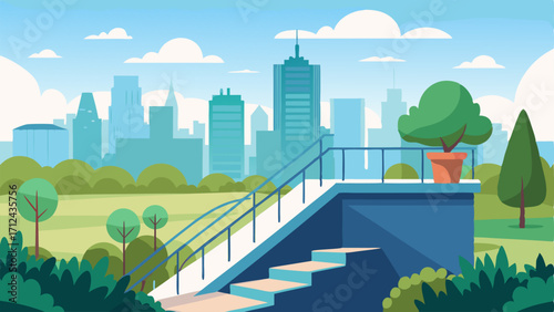 A rooftop garden accessible by a staircase with panoramic views of the surrounding park and city skyline.