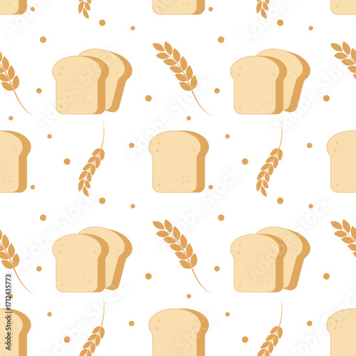 Seamless pattern with bread.Slice loaf and wheat ears isolated on white background.Food, bakery, kitchen vector graphic illustration background wallpaper.