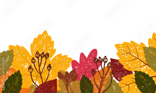 Minimalistic  banner with colorful fall leaves and foliage, designed in a flat vector style. Good for use in invitations, wallpapers, or marketing materials.