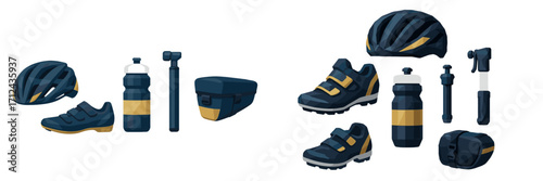 Essential cycling equipment including helmets, shoes, water bottles, pumps, and saddle bags for bicycle enthusiasts