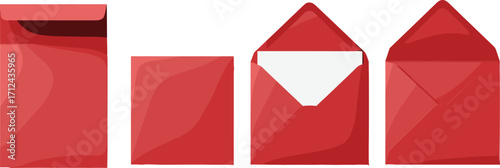 Red envelopes in various opening stages showing closed, open, and folded flaps for mail, message, and communication in flat vector illustration