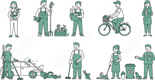 People practicing eco‑friendly lifestyle activities including gardening, recycling, cycling, cleaning, and sustainable living habits in colorful flat vector illustration design