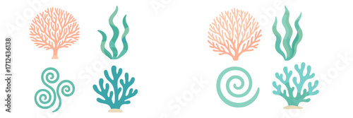 Colorful coral and seaweed illustrations showcasing ocean life and underwater ecosystems in a playful design style