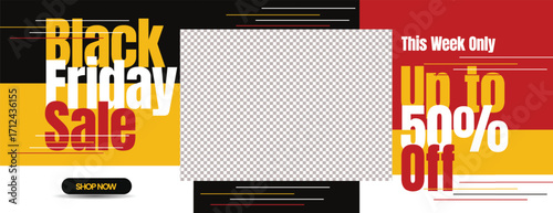 Premium Black Friday Fashion Sale Social Media Banner Template Featuring Product Sale Offers, Retail Deals, Marketing Ads, Horizontal Web Banner Layouts, with space for image