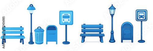 Contemporary urban street furniture elements: benches, lampposts, waste bins, and public transport signs for city design