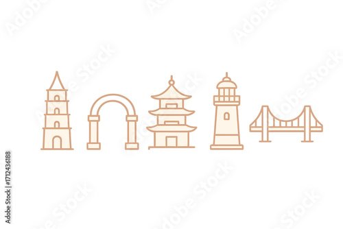 Various iconic structures represented in a simple line art style showcasing historical and cultural landmarks