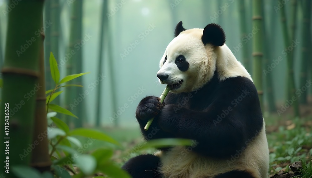 Obraz premium Gentle giant panda enjoys fresh bamboo stalk in serene misty forest habitat