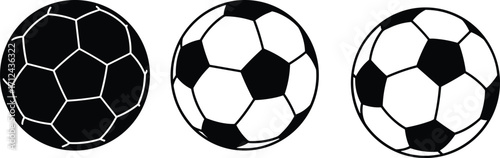 Three soccer balls with unique black and white patterns, classic pentagon hexagon designs, sports equipment, football texture, isolated background