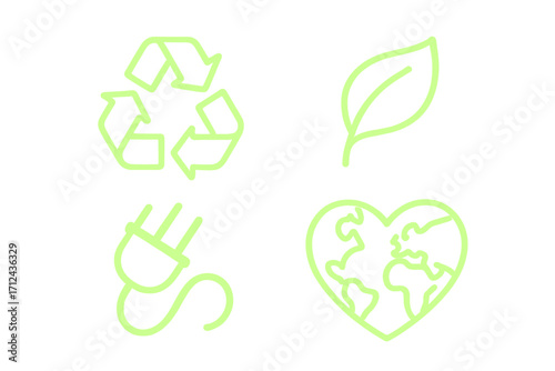 Environmental conservation symbols including recycling, green energy, nature, and global sustainability concepts