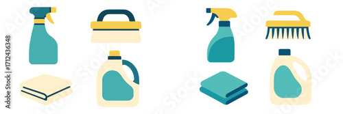 Essential cleaning supplies and tools for a tidy home office or workspace in a bright setting