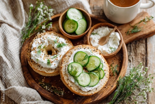 Fresh Bagel with Cream Cheese, Cucumber Slices, and Herbs on a Wooden Plate Perfect for a Cozy Brunch Setting with a Cup of Tea in the Background