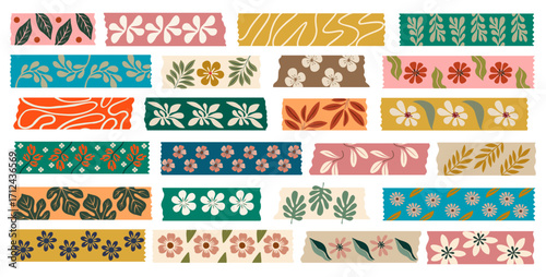 Washi tapes Abstract Flowers collection. Colorful scrapbook stripes, sticky label tags, decorative scotch strip with floral abstract elements. Border elements, digital stickers vector illustration.