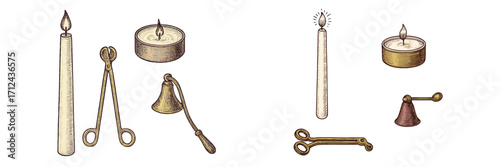 Candles, candle holders, and candle snuffers displayed in a vintage style, showcasing various types and shapes of candle accessories