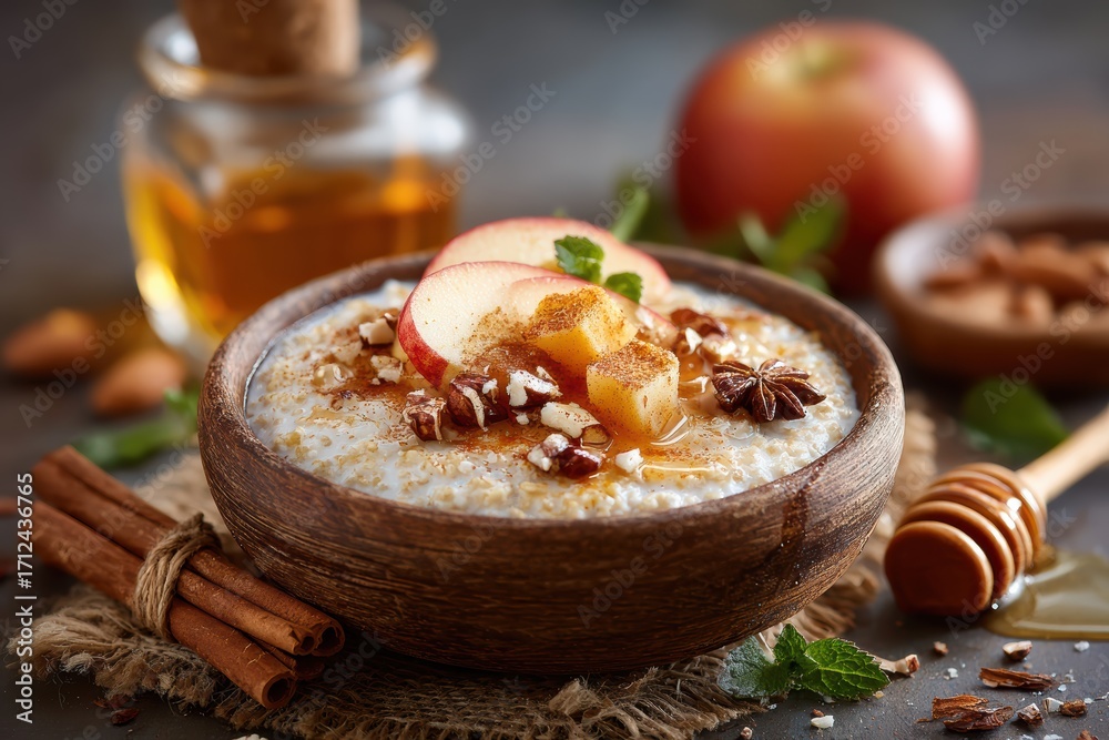 custom made wallpaper toronto digitalDelicious bowl of oatmeal topped with fresh apple slices, honey, cinnamon, and nuts, perfect for a nutritious breakfast or healthy snack option.