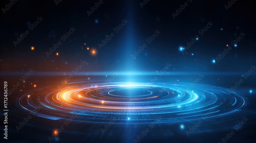 Obraz premium Concept of building a quantum computer. A vibrant, abstract image featuring swirling blue and orange light patterns, creating a sense of motion and depth against a dark background.