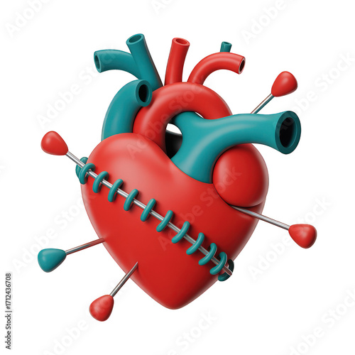 Stylized heart with stitches and needles on transparent background