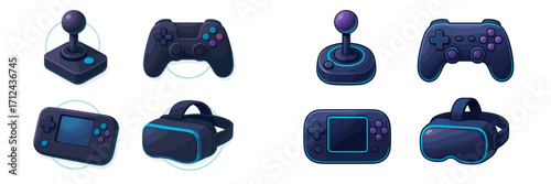 Collection of game controllers and virtual reality headsets designed for different gaming experiences