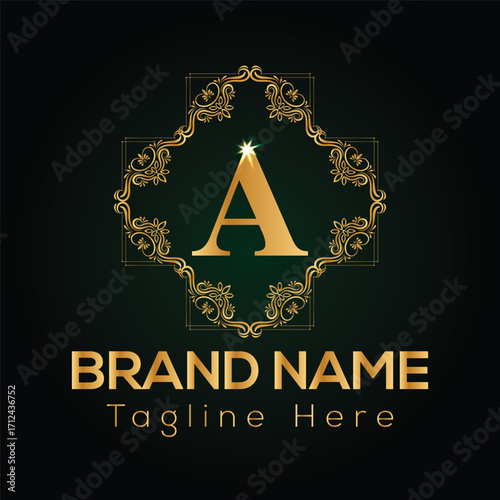 Golden letter A within ornate frame and brand name text on dark green background A letter alphabet