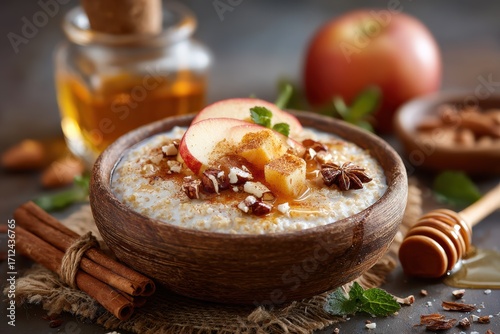 Wallpaper Mural Delicious bowl of oatmeal topped with fresh apple slices, honey, cinnamon, and nuts, perfect for a nutritious breakfast or healthy snack option. Torontodigital.ca