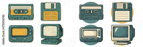 Vintage electronic devices collection with audio cassettes, floppy disks, pagers, and CRT monitors from the 80s and 90s era