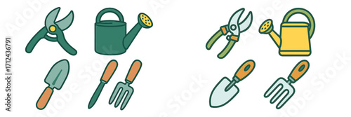 Assortment of essential gardening tools including pruning shears, watering cans, trowels, and hand forks for various outdoor tasks