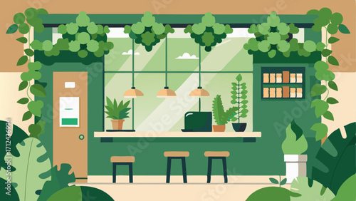 A coffee shop with a living wall of ivy and ferns creating a calming atmosphere for customers.