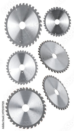 Several circular saw blades against white background