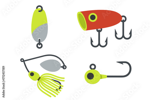 Assortment of various fishing lures including spoons, crankbaits, spinnerbaits, and jig heads for sport fishing