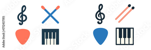 Collection of musical instrument icons including treble clef, drumsticks, guitar pick, and piano keyboard